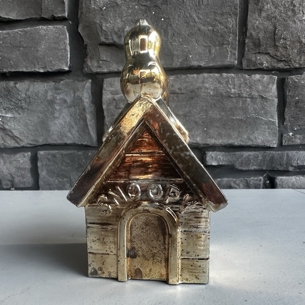 Vintage SNOOPY Dog House Silver Plated Metal Coin Piggy Bank 6"